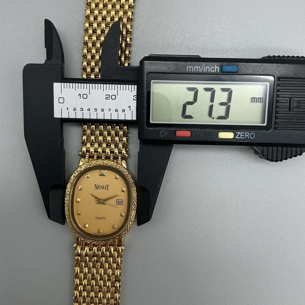 Nicolet Womens Watch 27mm Gold Tone Bracelet Date NC 1003 New Battery 8.5